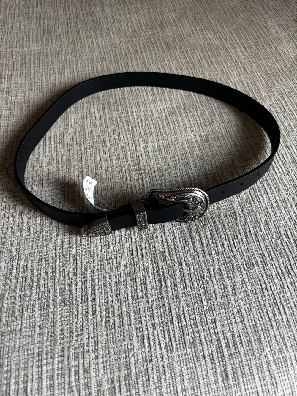 Black Leather Belt with Decorative Silver Buckle